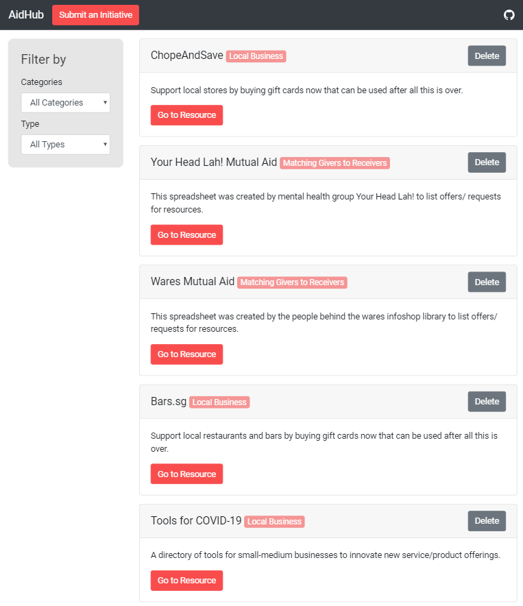 screenshot of AidHub SG aid listings page, with option to filter by category